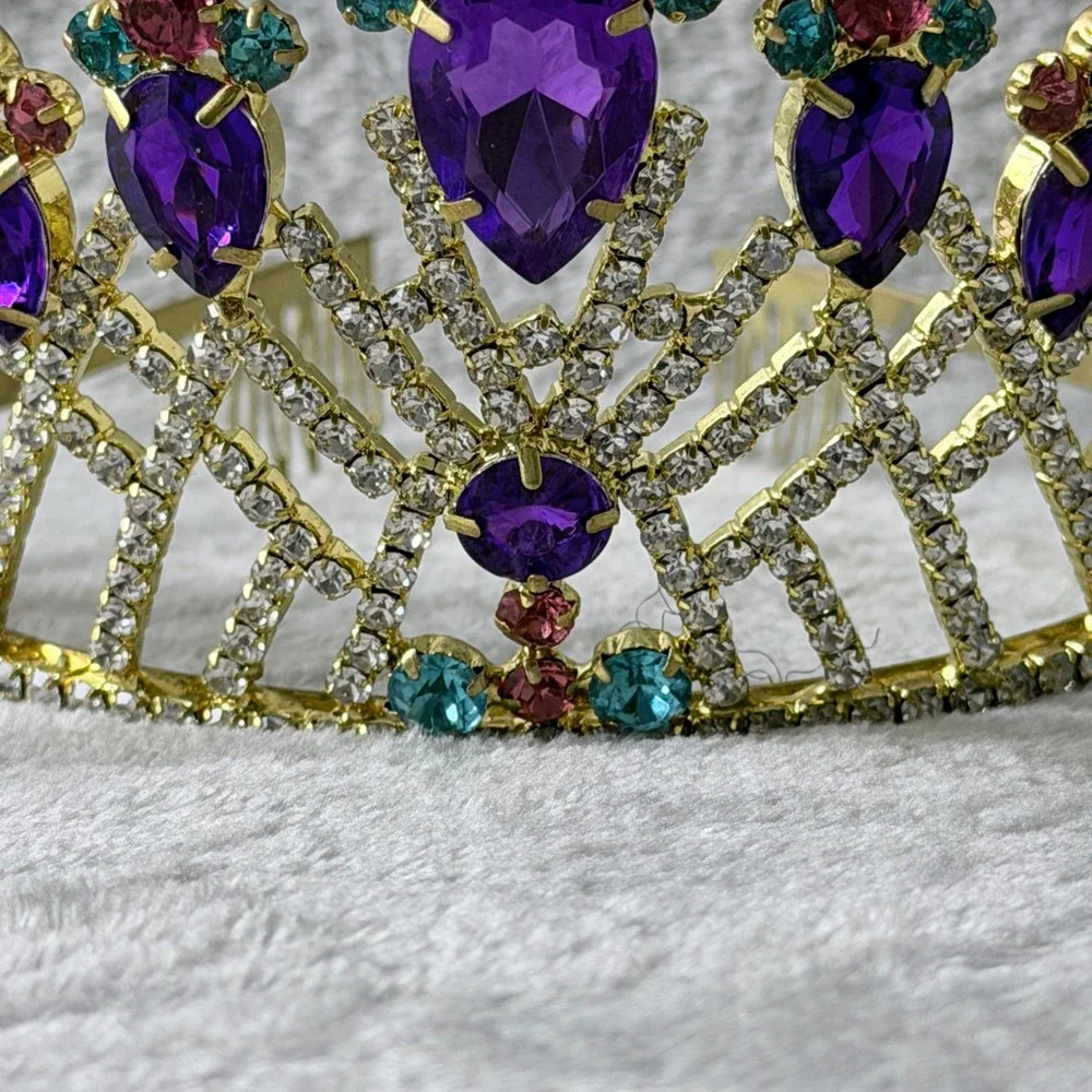 Tiara Crown Metal Women Gold Purple Teal Rhinestone Pageant‎ Regal Birthday NOLA